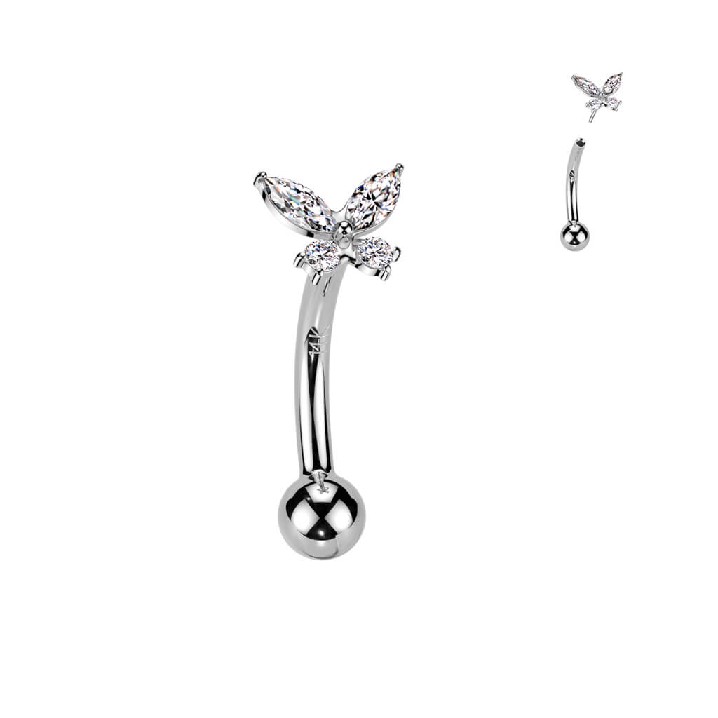 Solid Gold 14 Carat Eyebrow Piercing butterfly zirconia Push-In