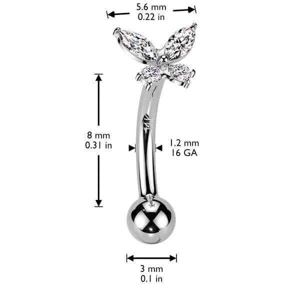 Solid Gold 14 Carat Eyebrow Piercing butterfly zirconia Push-In