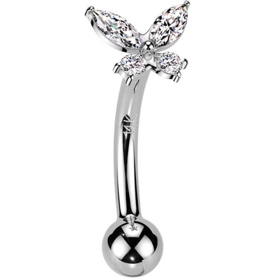 Solid Gold 14 Carat Eyebrow Piercing butterfly zirconia Push-In