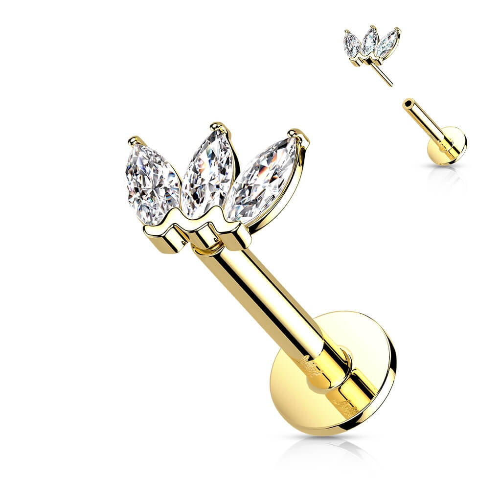 Oro 14 kt Labret Marquise 3 Zirconi Push-In