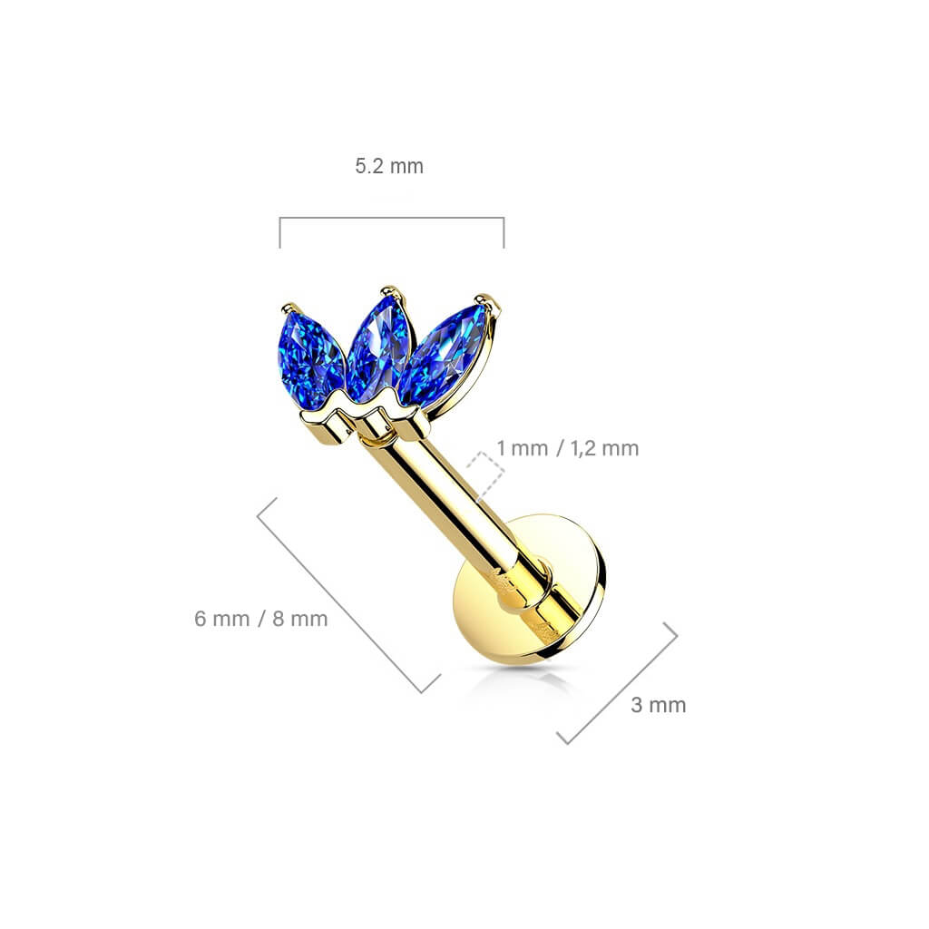Oro 14 kt Labret Marquise 3 Zirconi Push-In