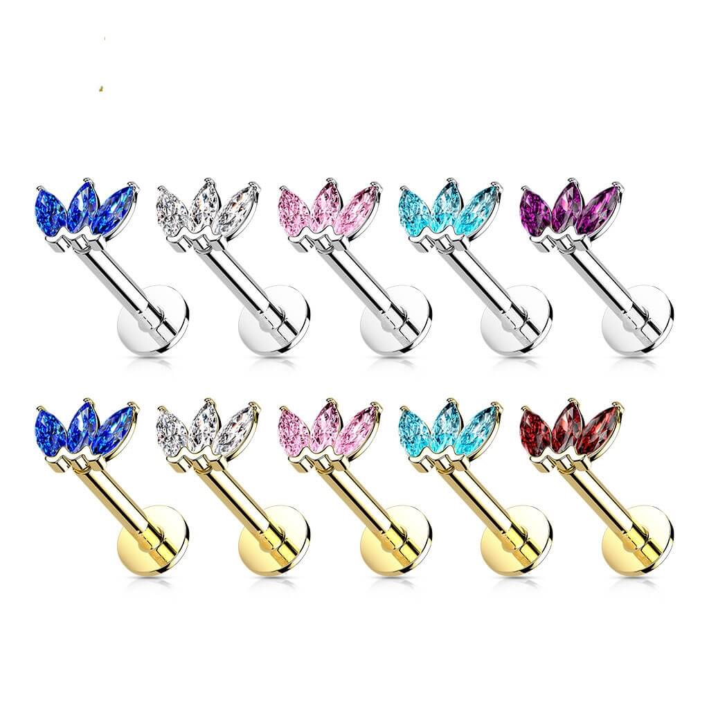 Oro 14 kt Labret Marquise 3 Zirconi Push-In