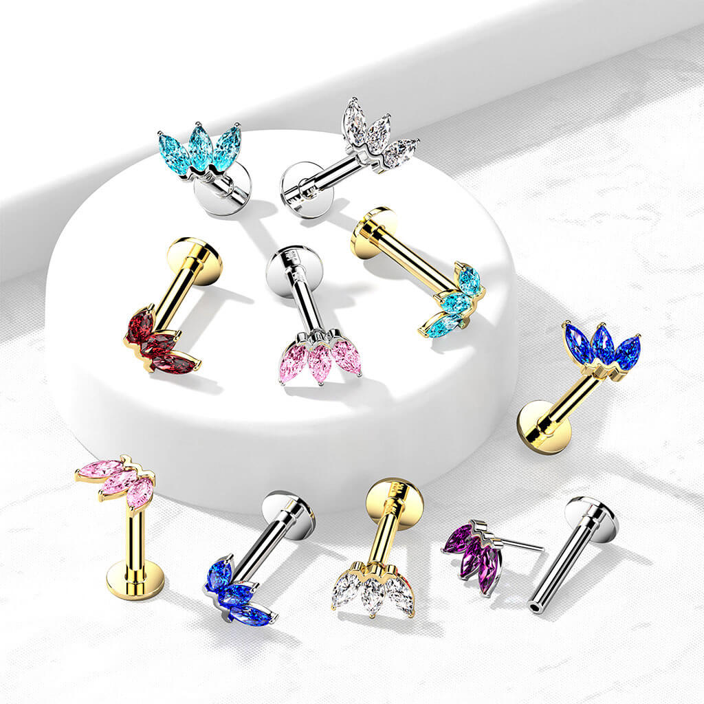 Oro 14 kt Labret Marquise 3 Zirconi Push-In