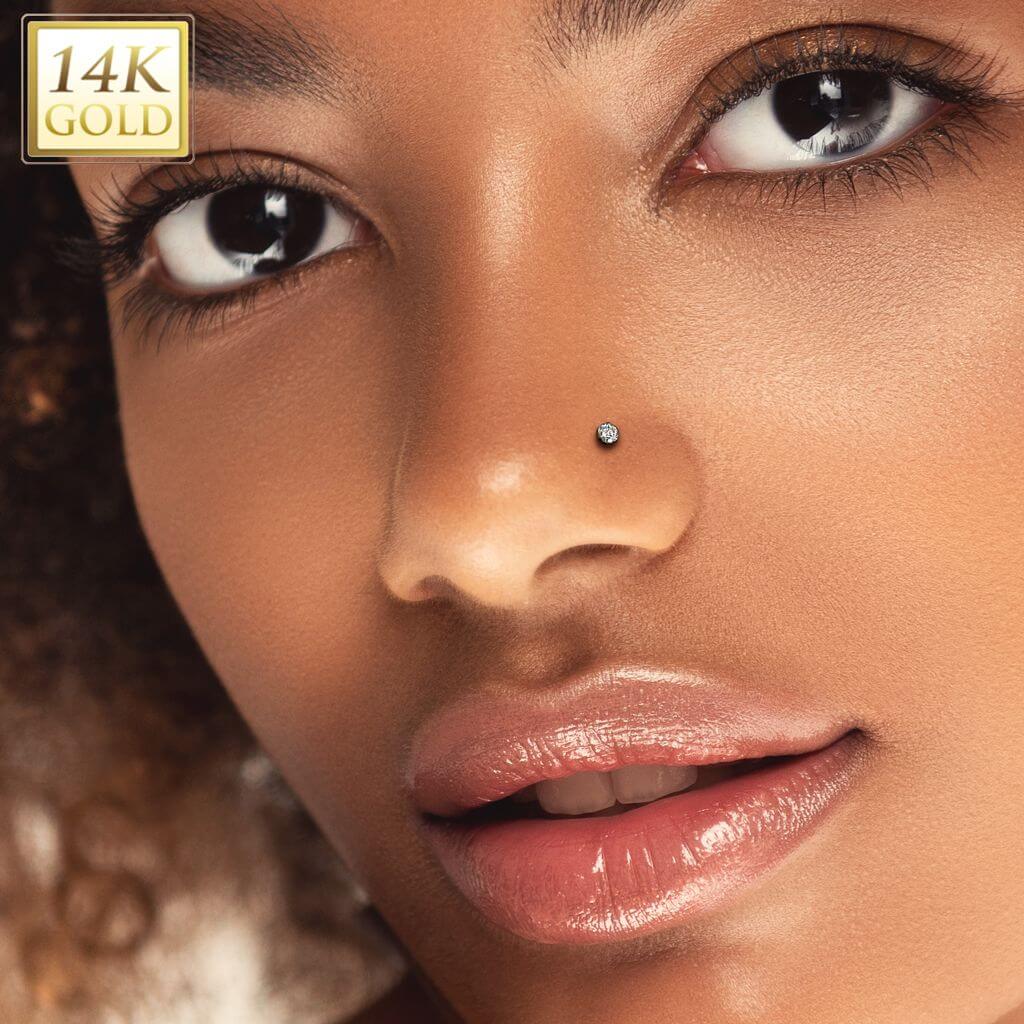 Solid Gold 14 Carat Labret zirconia bezel setting nose piercing Push-In
