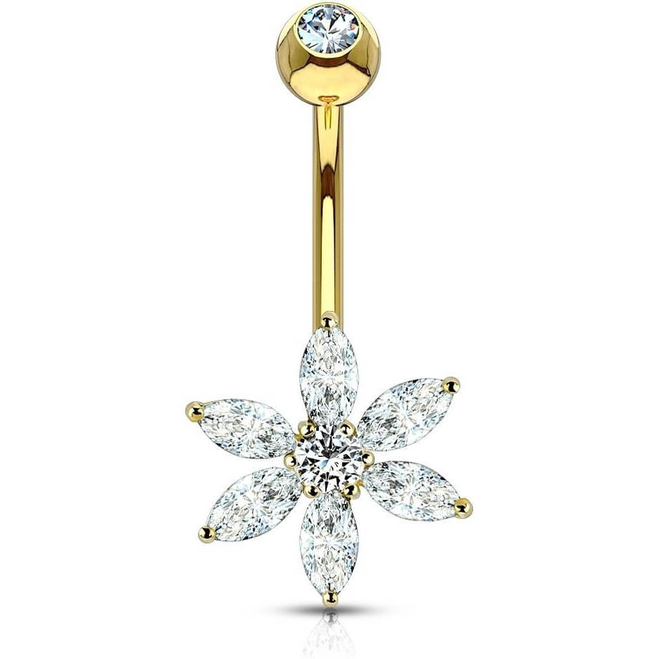 Oro 14 kt Piercing Ombelico Fiore di zirconi