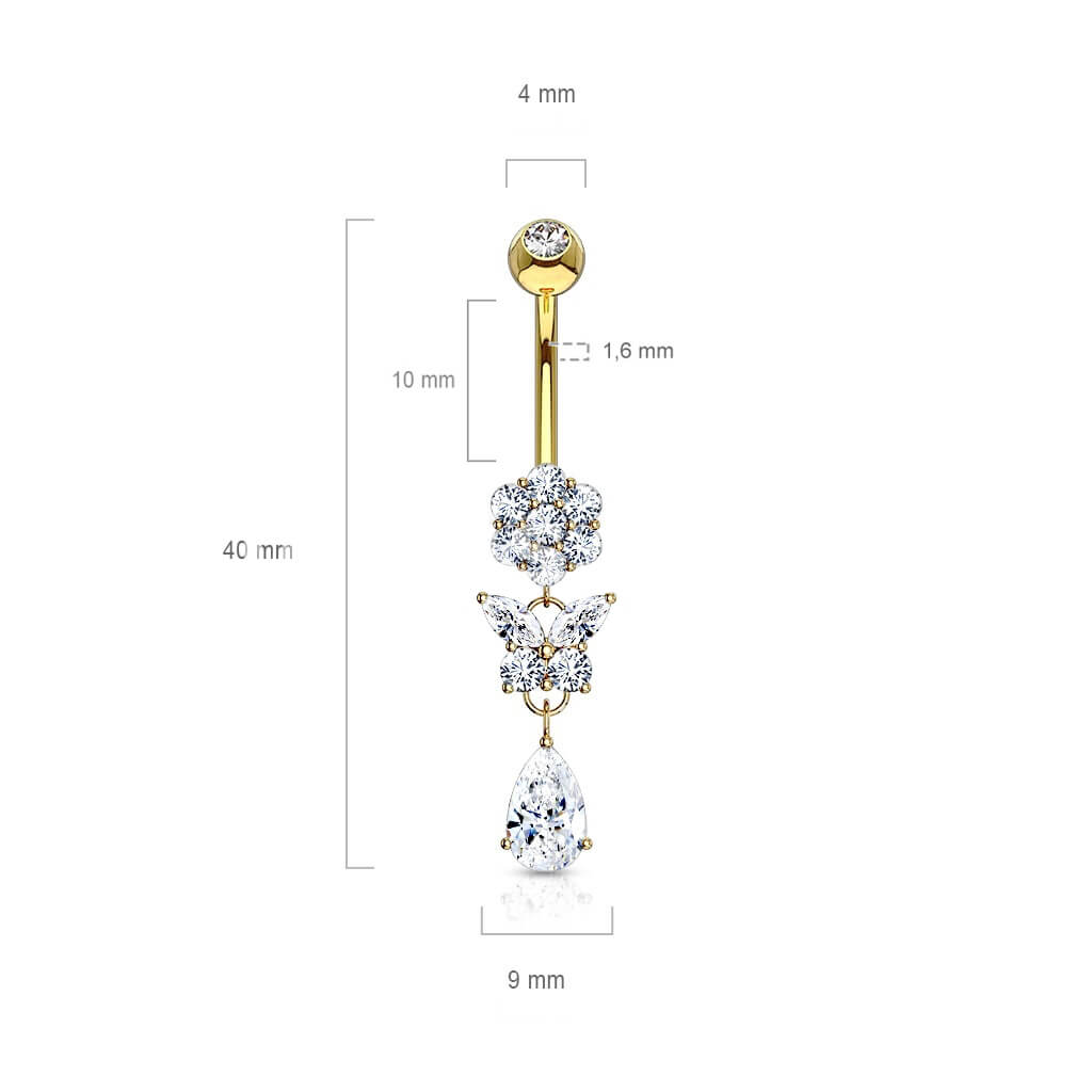 Or 14kt Piercing Nombril Pendentif Papillon Zircone