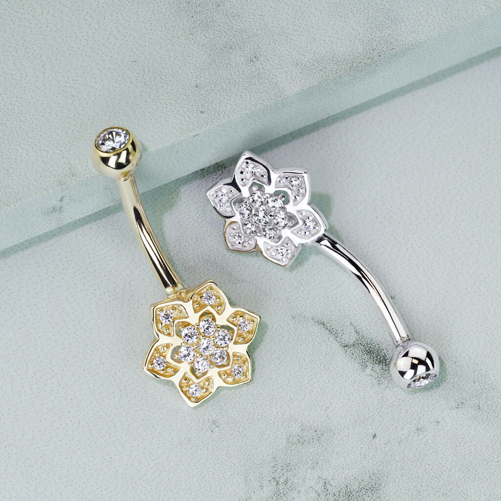 14 Karat Gold Bauchnabelpiercing Blume Zirkonia Gelbgold Weißgold