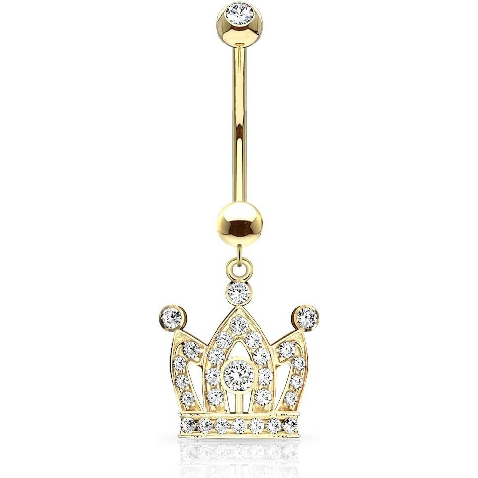 Oro 14kt Piercing ombligo Corona cúbica colgante Circonita