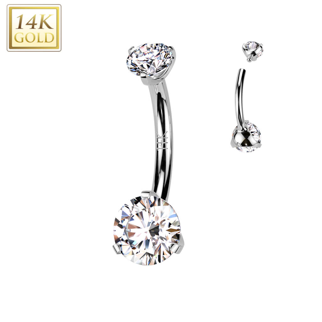 Solid Gold 14 Carat Belly Button Piercing two zirconias prong setting Internally Threaded