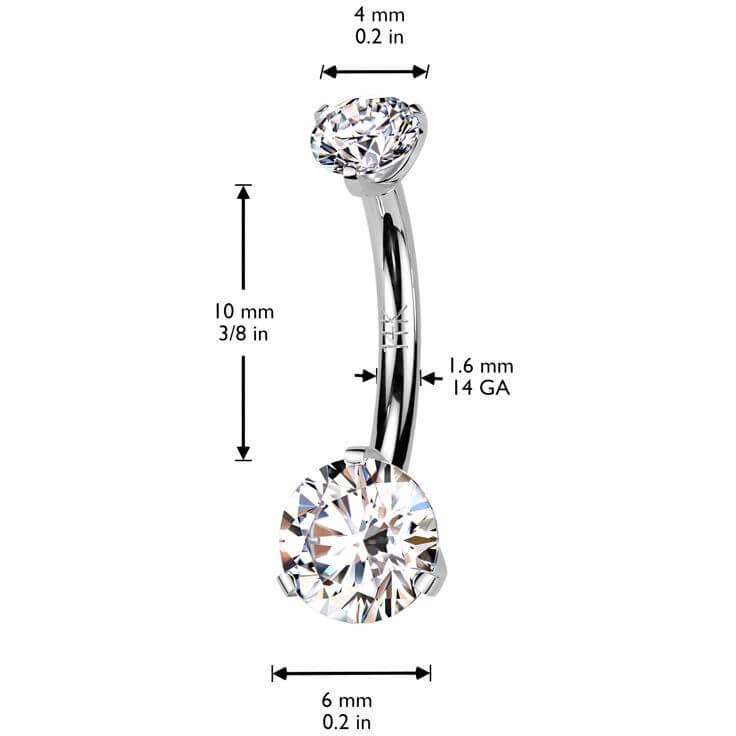Solid Gold 14 Carat Belly Button Piercing two zirconias prong setting Internally Threaded