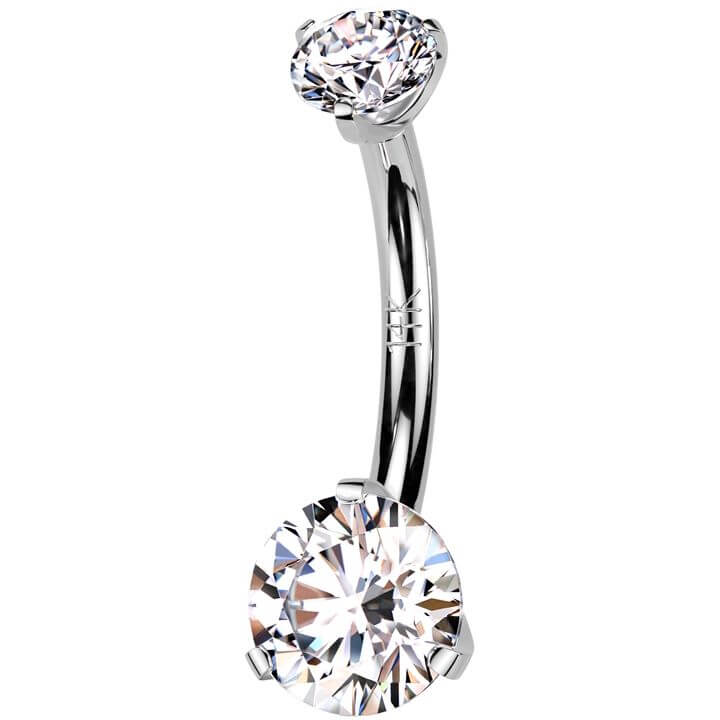 Solid Gold 14 Carat Belly Button Piercing two zirconias prong setting Internally Threaded