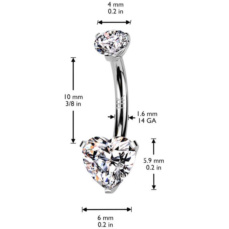 Solid Gold 14 Carat Belly Button Piercing heart zirconia prong setting Internally Threaded