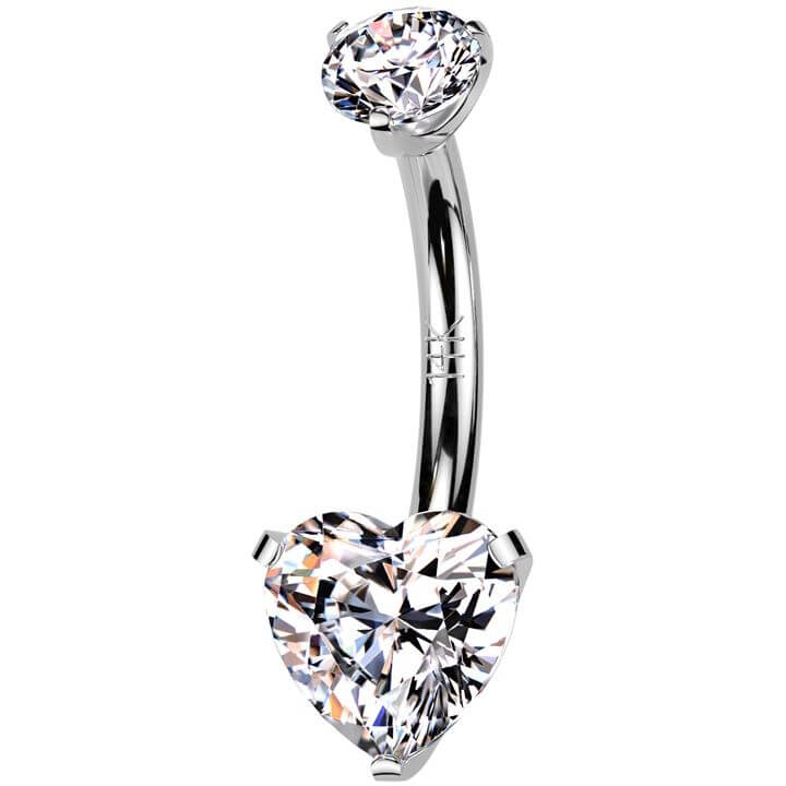 Solid Gold 14 Carat Belly Button Piercing heart zirconia prong setting Internally Threaded