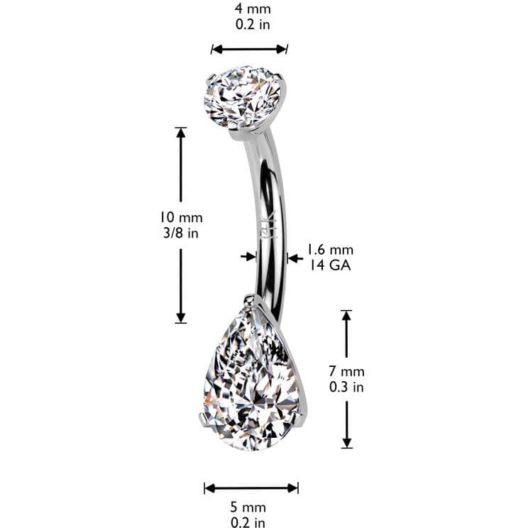 Solid Gold 14 Carat Belly Button Piercing teardrop zirconia prong setting Internally Threaded