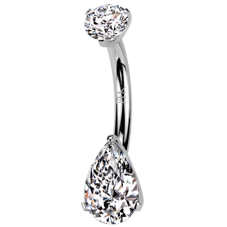 Solid Gold 14 Carat Belly Button Piercing teardrop zirconia prong setting Internally Threaded