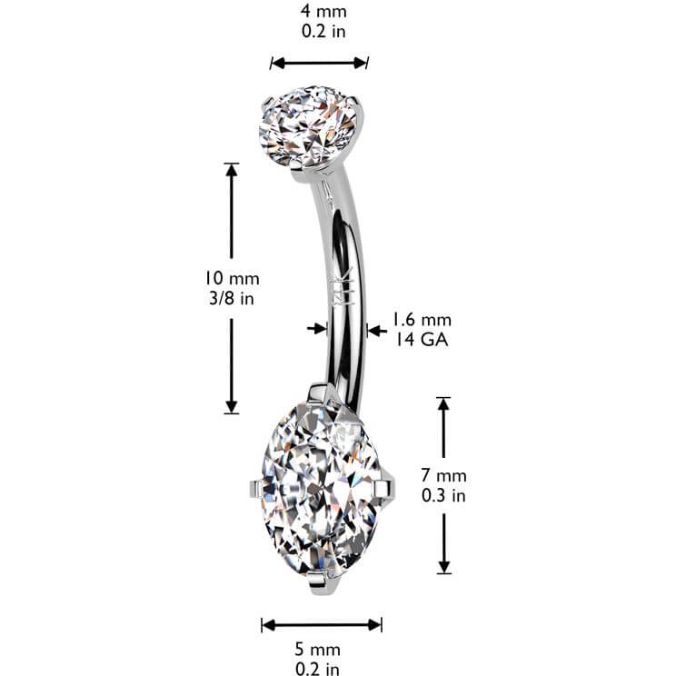 Solid Gold 14 Carat Belly Button Piercing two zirconias prong setting Internally Threaded