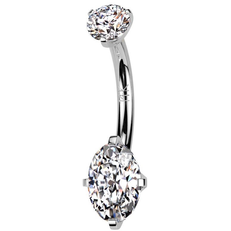 Solid Gold 14 Carat Belly Button Piercing two zirconias prong setting Internally Threaded
