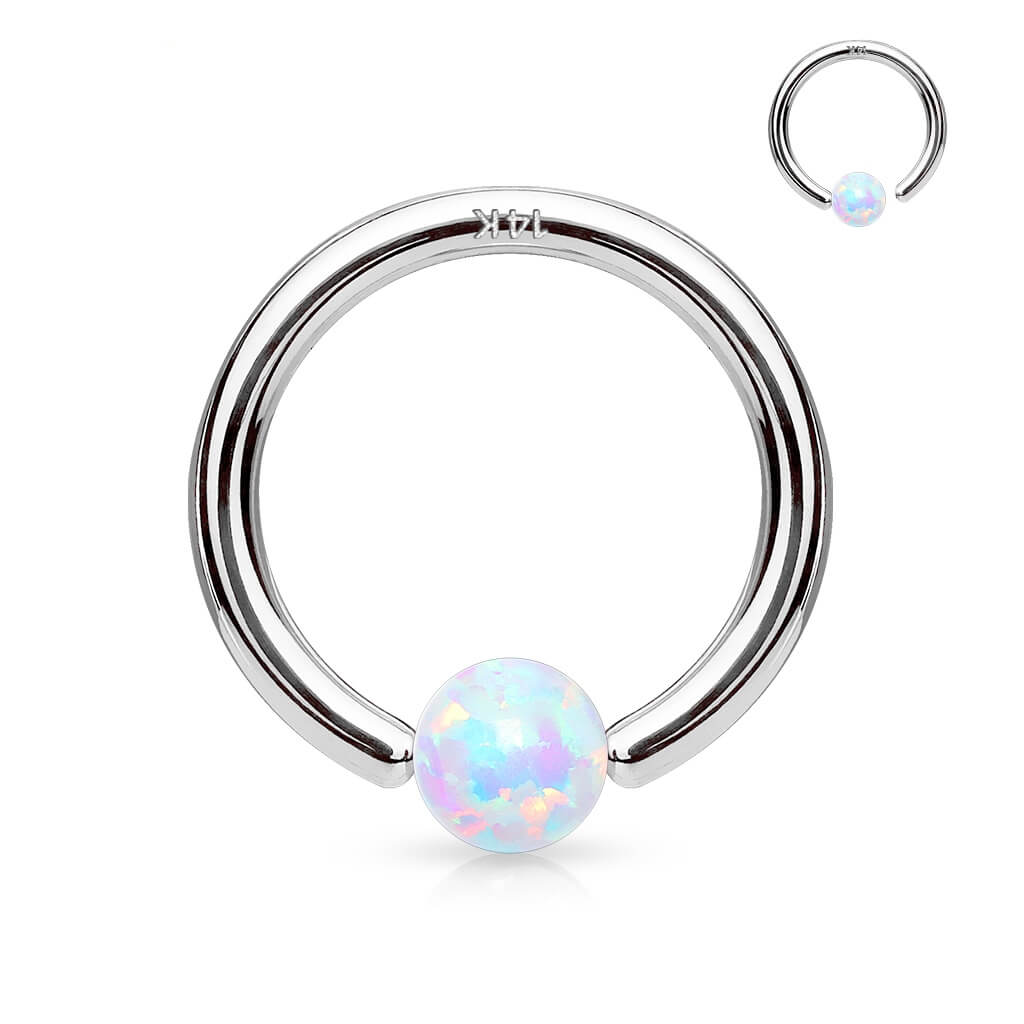 Złoto 585 kółko z kulką opal zapięcie captive bead