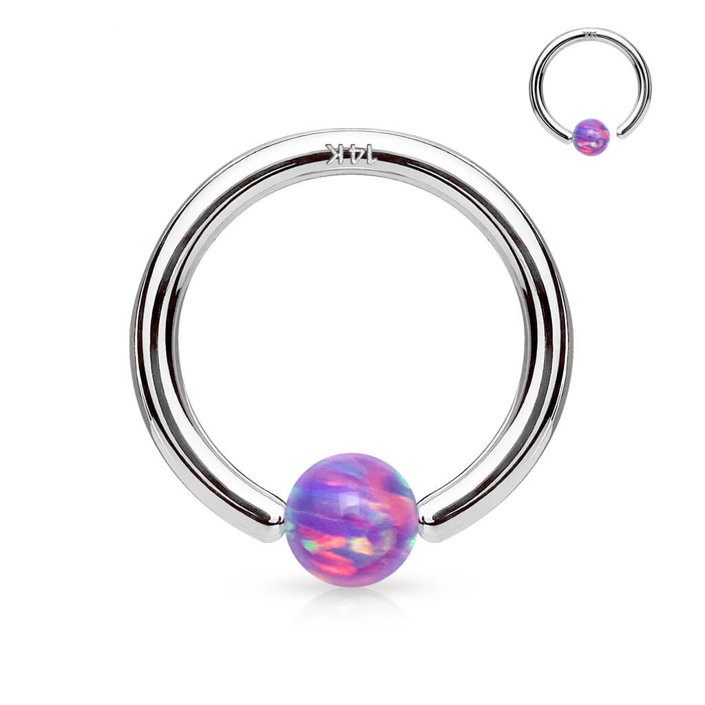 Złoto 585 kółko z kulką opal zapięcie captive bead