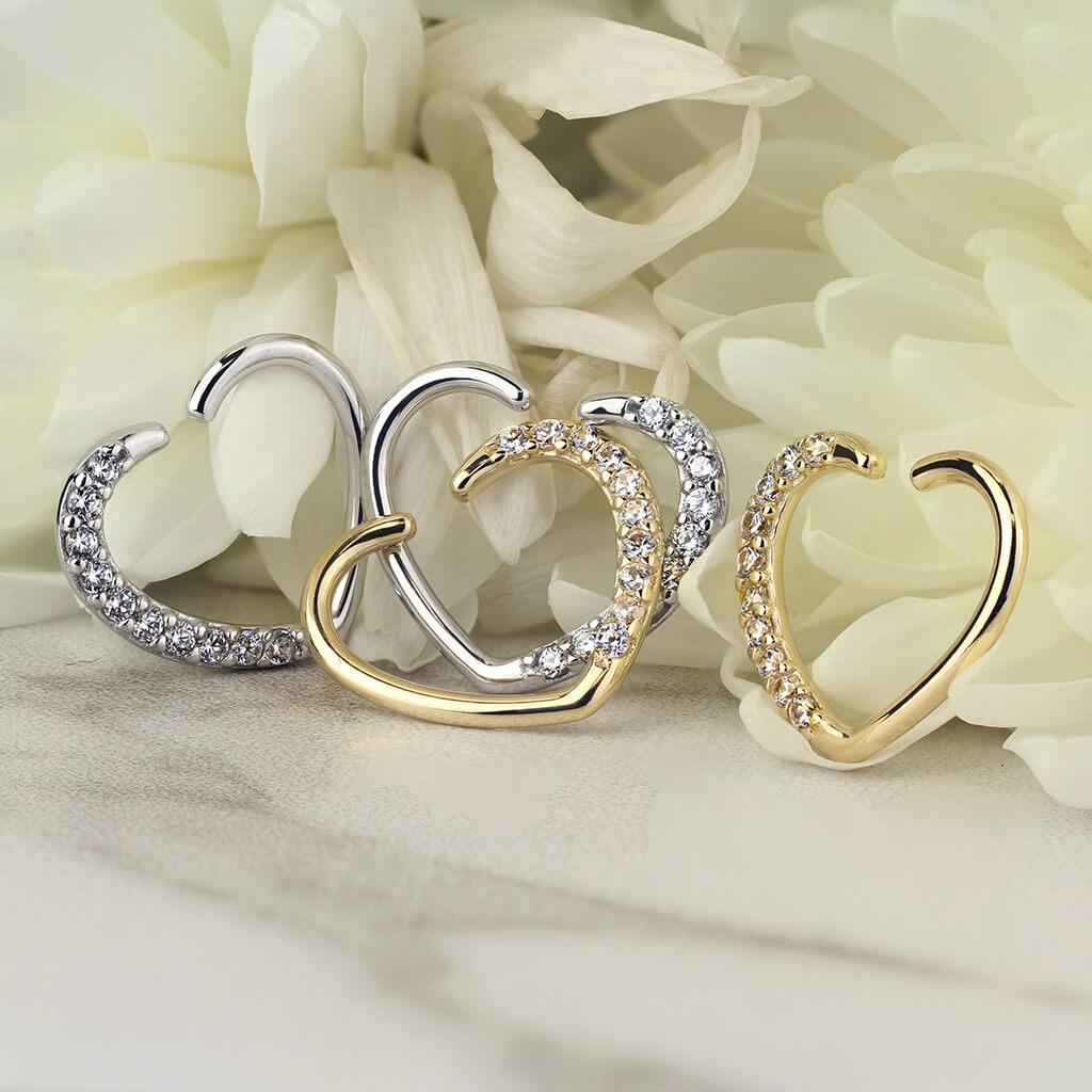 Oro 14 kt Anello Piercing Cuore di zirconi Pieghevole