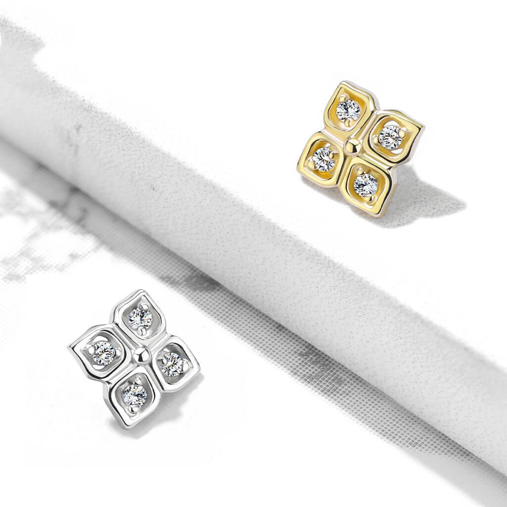 Oro 14 kt Fiore di zirconi Filettatura Interna