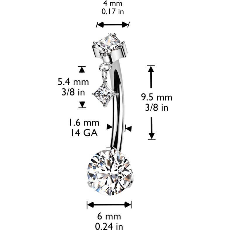 Titanium Belly Button Piercing zirconia prong settiing diamond shape dangle Push-In