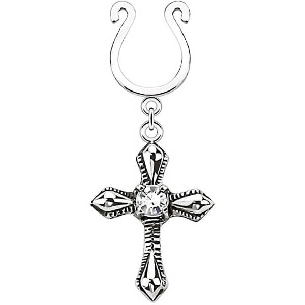 Faux Piercing Tétons Pendentif Croix Argent Pliable