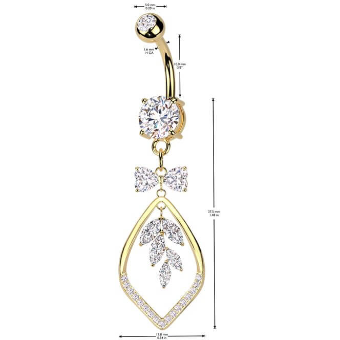 Belly Button Piercing ribbon vine leaf dangle zirconia