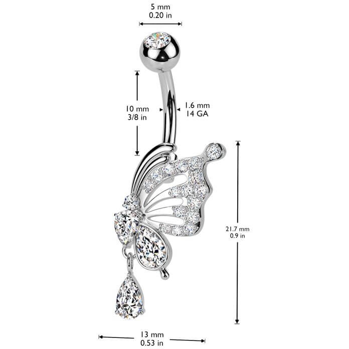 Belly Button Piercing butterfly wing dangle zirconia