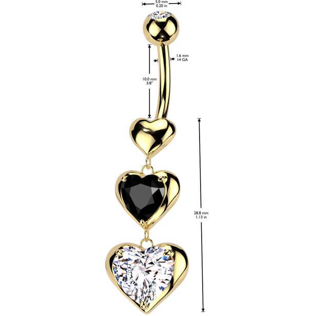 Belly Button Piercing 3 hearts dangle zirconia
