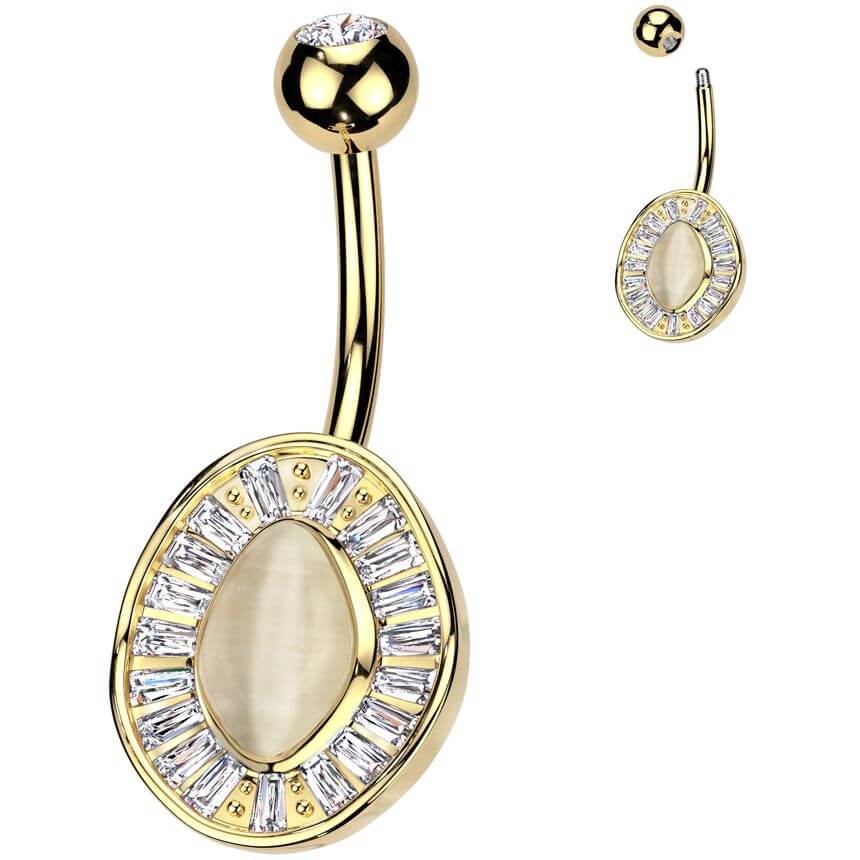 Belly Button Piercing cat's eye stone baguette cut zirconias