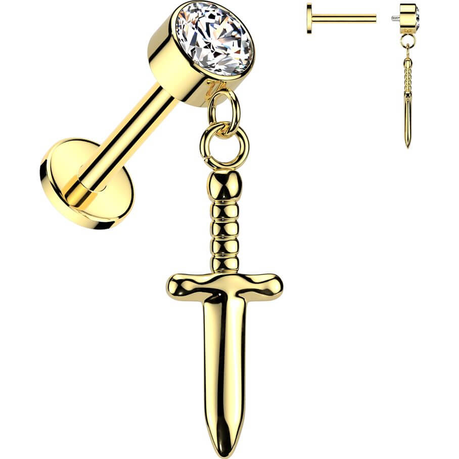 Titanium Labret zirconia sword dangle Internally Threaded
