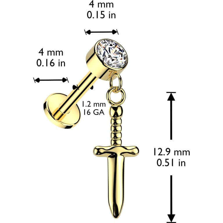 Titanium Labret zirconia sword dangle Internally Threaded