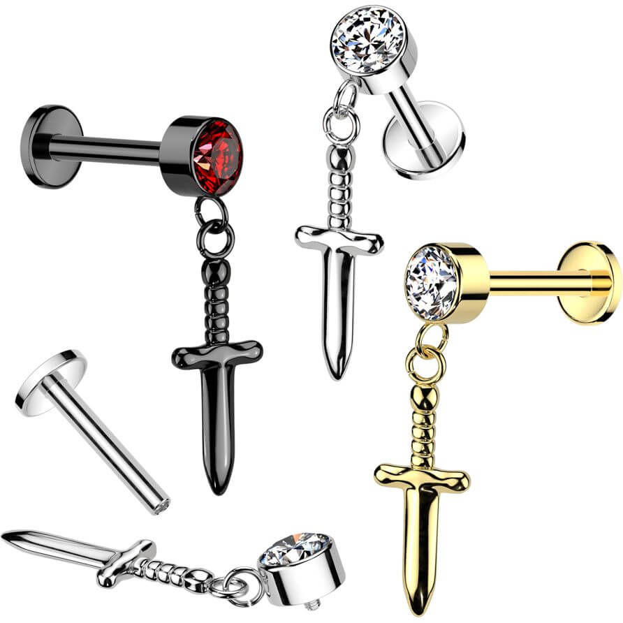 Titanium Labret zirconia sword dangle Internally Threaded