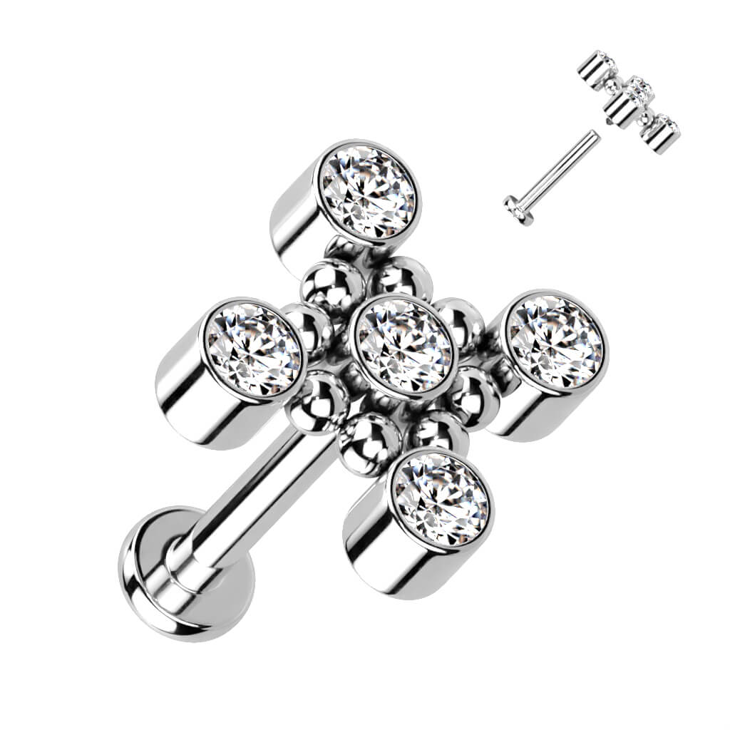 Titan Labret Kreuz Zirkonia Innengewinde