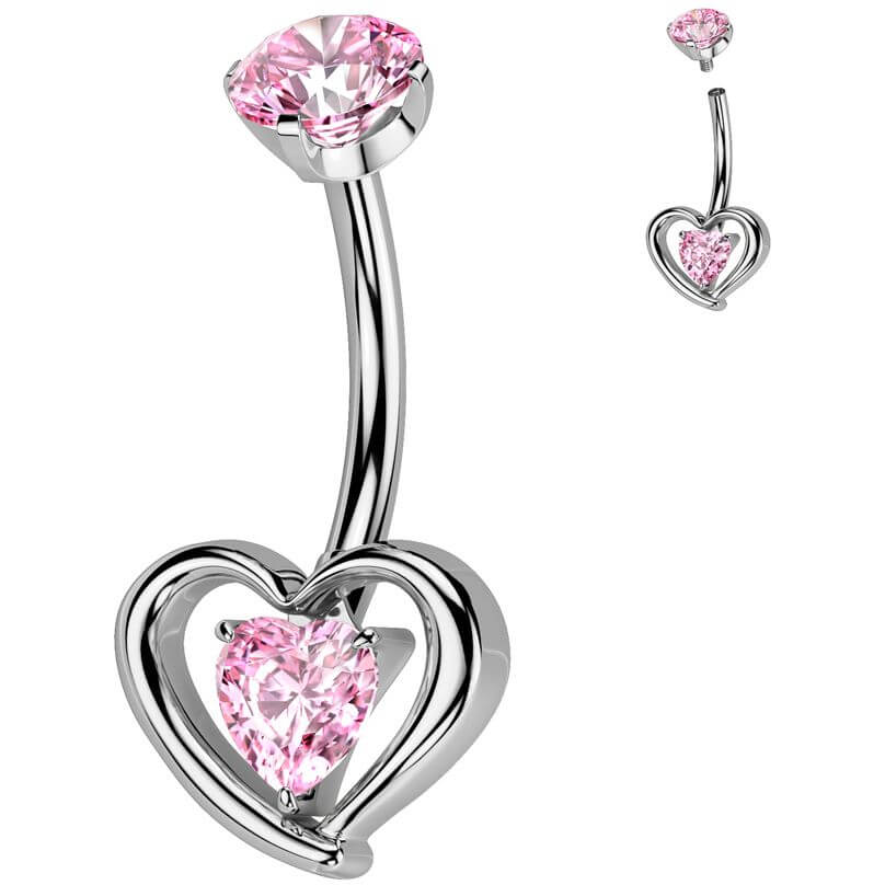 Titanium Belly Button Piercing heart in heart zirconia Internally Threaded