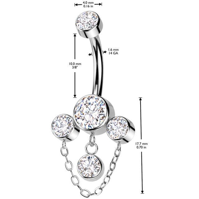 Titanium Belly Button Piercing 3 zirconias chain dangle Internally Threaded