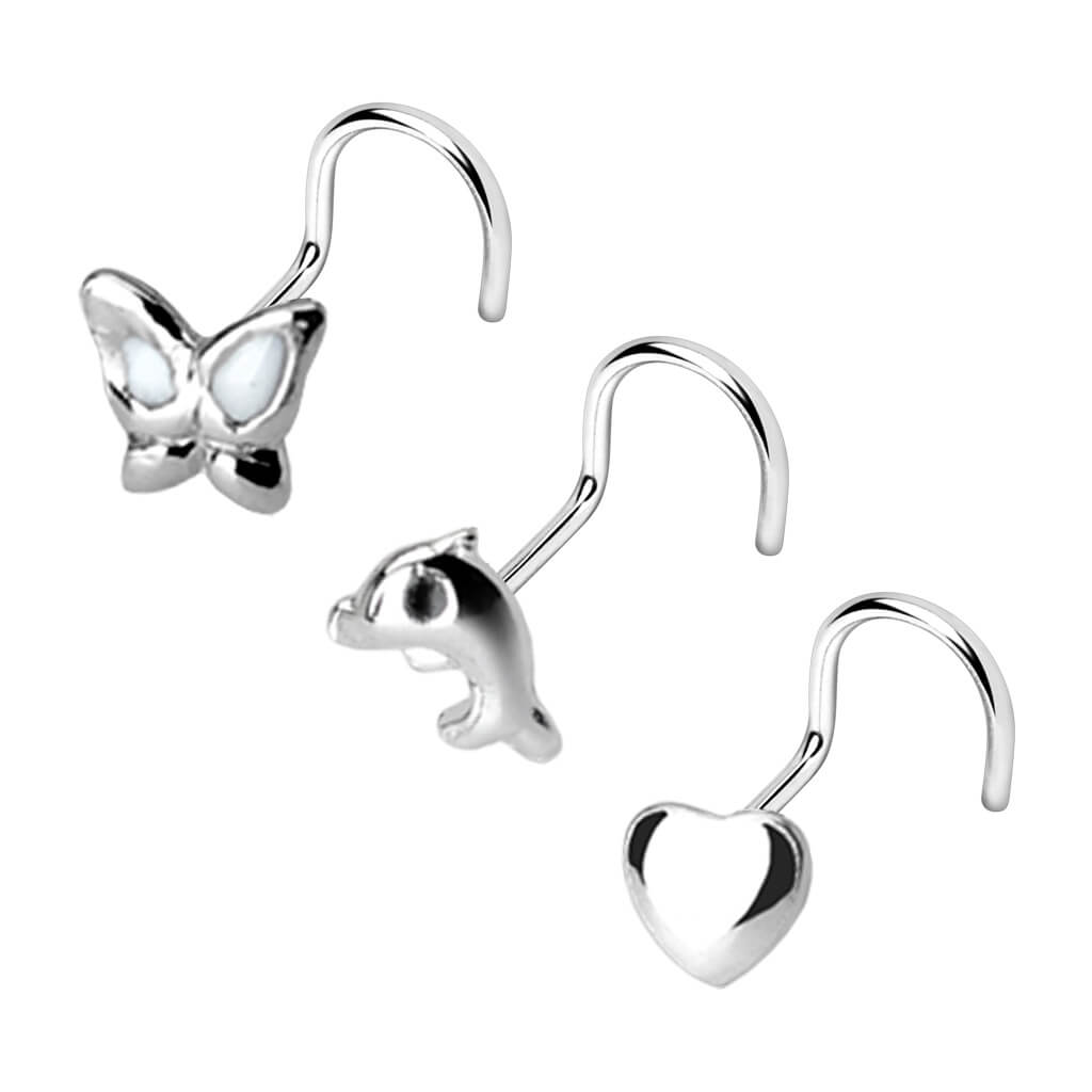 Argent 925 Nez Vis Pack Papillon Cœur Dauphin Argent