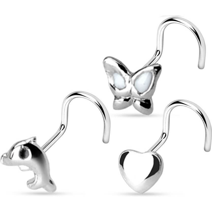 Argent 925 Nez Vis Pack Papillon Cœur Dauphin Argent