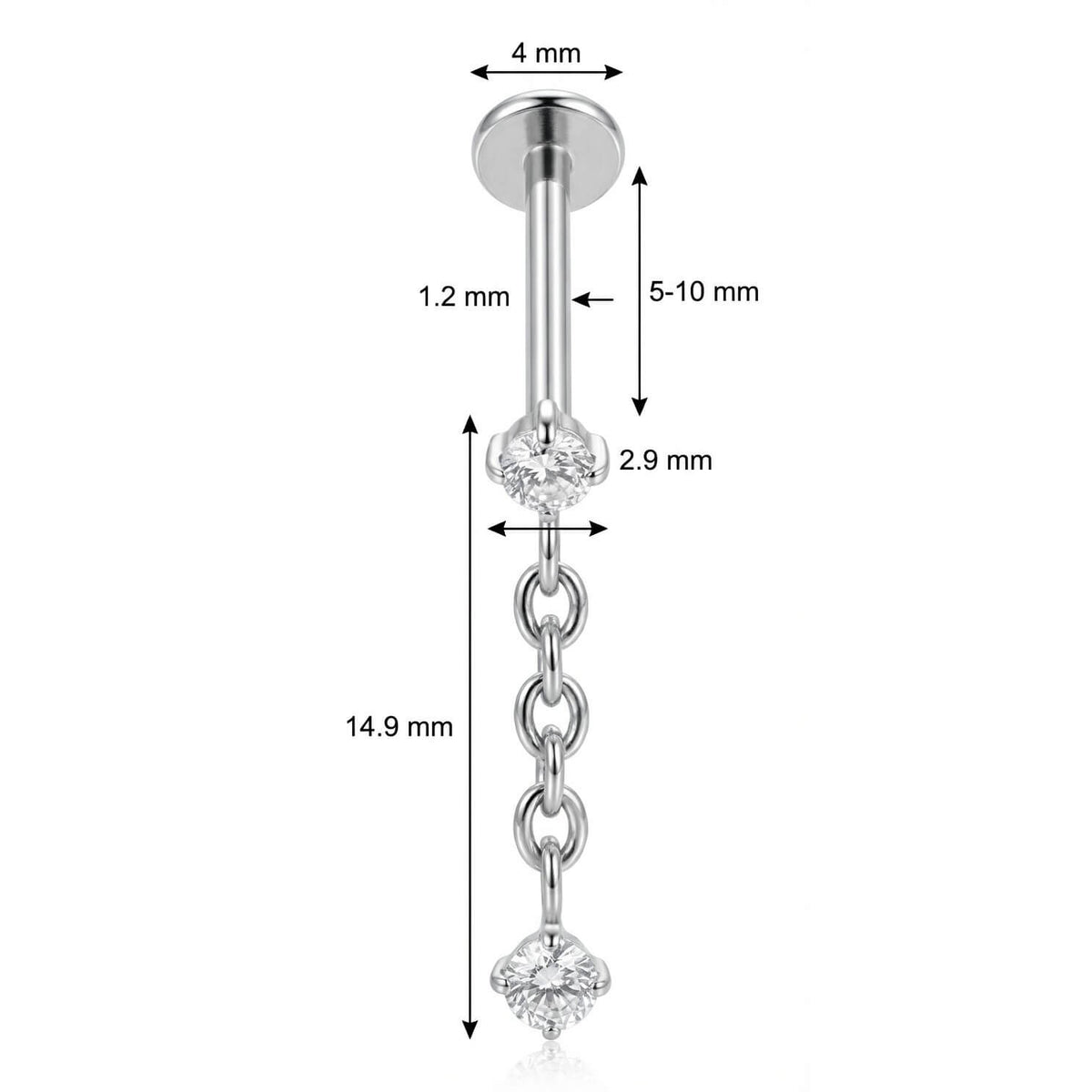 Titanium Labret Dangle Chain Double Zirconia Internally Threaded