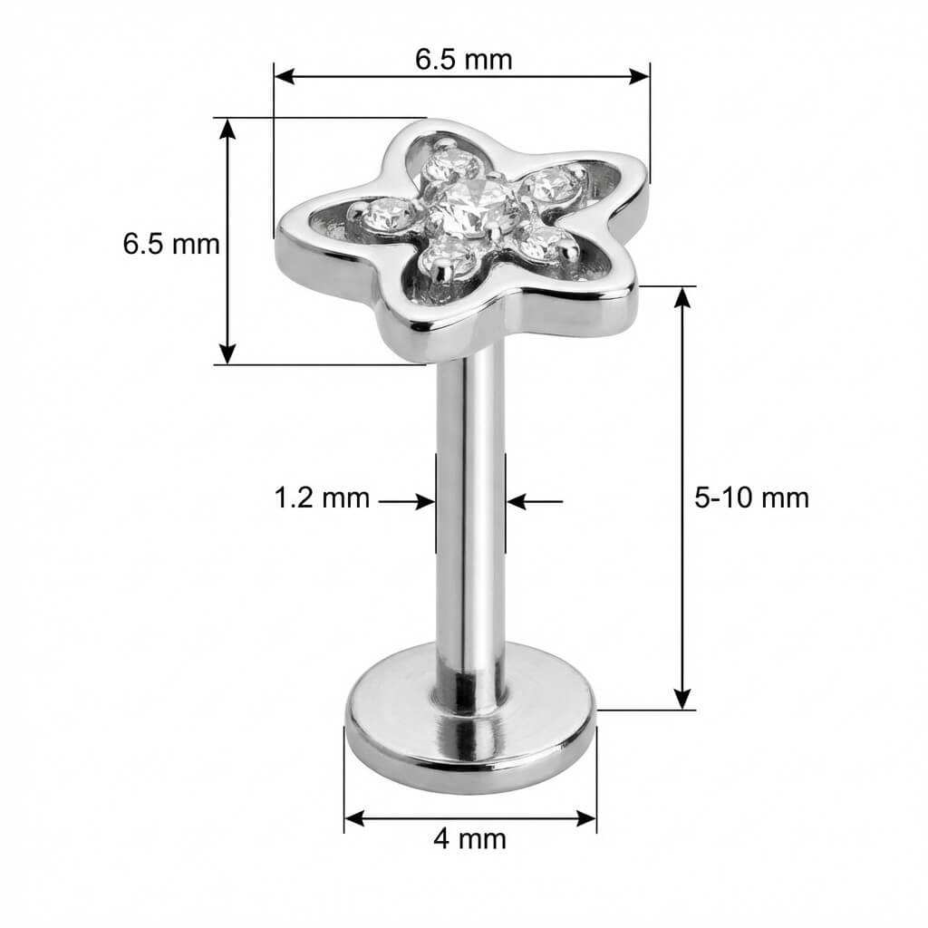 Titanium Labret Cutout Flower With Crystal Center Internally Threaded