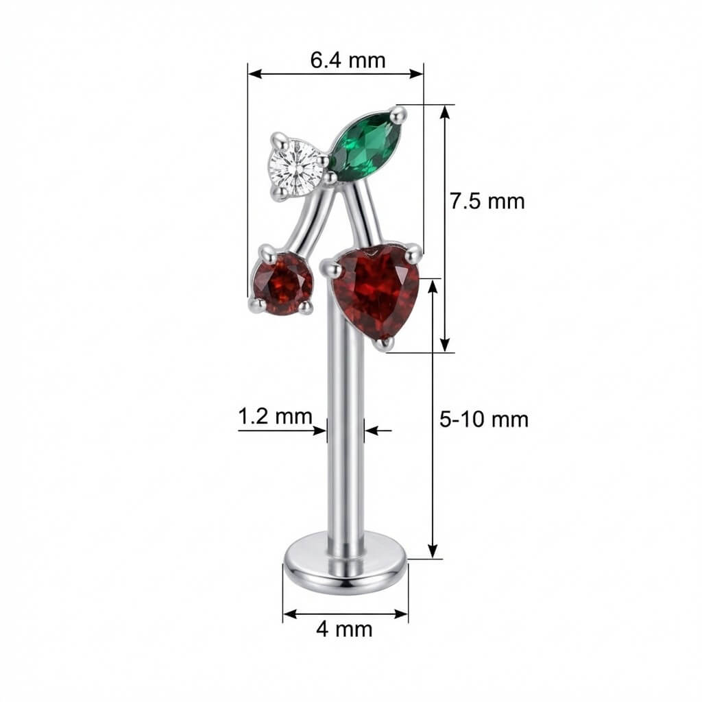 Titanium Labret Red Heart And Round Cherry Internally Threaded
