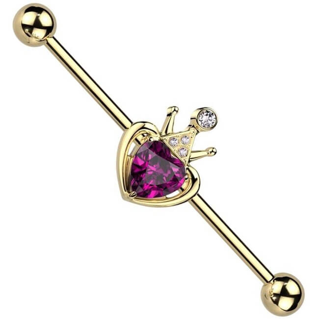 Barbell Industrial Corazón rosa con Corona Circonita PVD