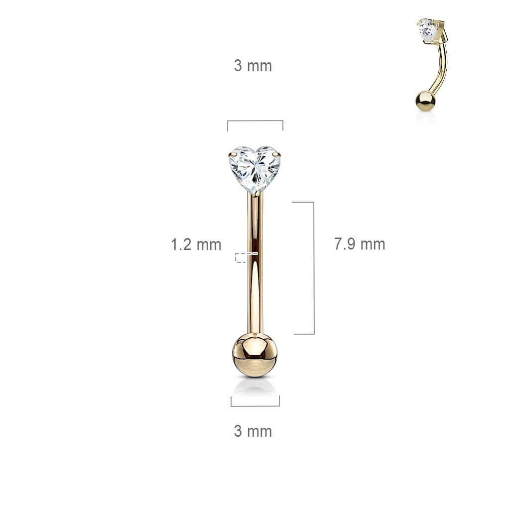 Oro 14 kt Piercing Sopracciglio Zircone a cuore 