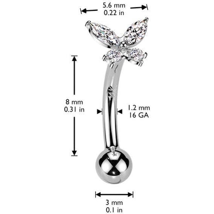 Solid Gold 14 Carat Eyebrow Piercing butterfly zirconia Push-In