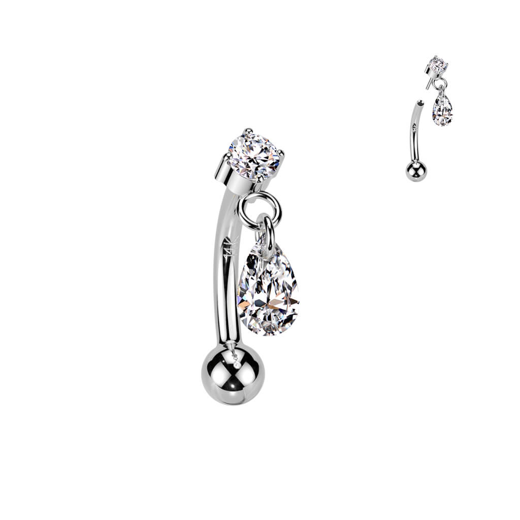 Solid Gold 14 Carat Eyebrow Piercing teadrop zirconia dangle Push-In