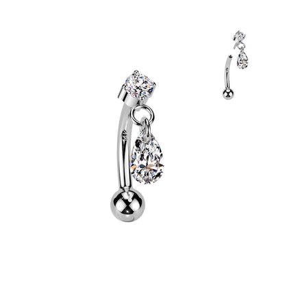 Solid Gold 14 Carat Eyebrow Piercing teadrop zirconia dangle Push-In