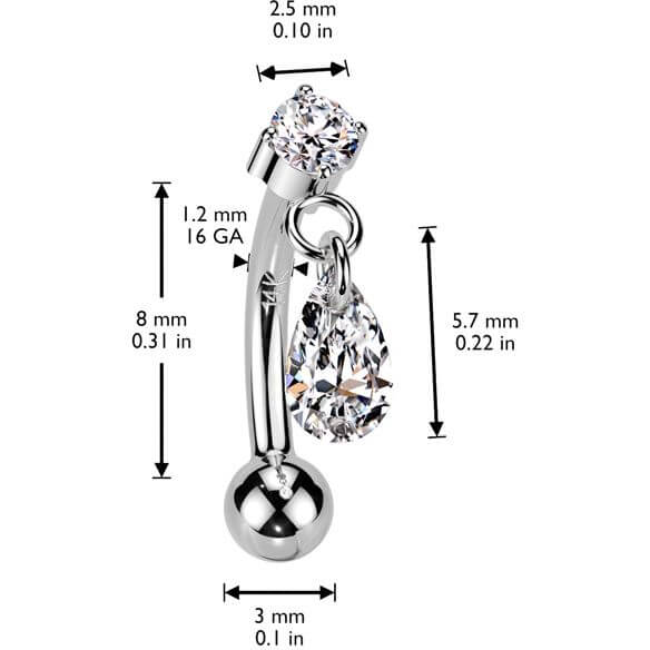 Solid Gold 14 Carat Eyebrow Piercing teadrop zirconia dangle Push-In