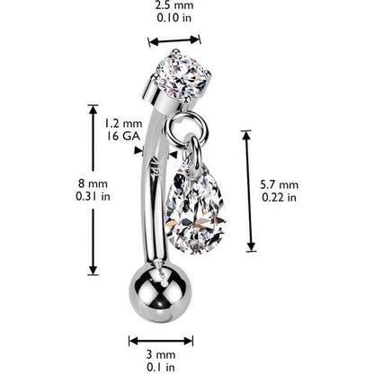 Solid Gold 14 Carat Eyebrow Piercing teadrop zirconia dangle Push-In