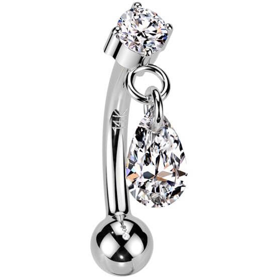 Solid Gold 14 Carat Eyebrow Piercing teadrop zirconia dangle Push-In
